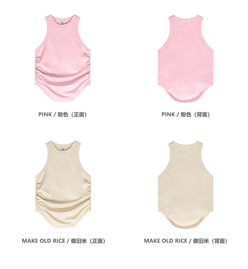 ZODF Women 2024 Summer Washed Tank Tops Female Hotsweet Girls 235gsm Slim Pleated Arc Hem Camisole TEE Streetwears HY0795