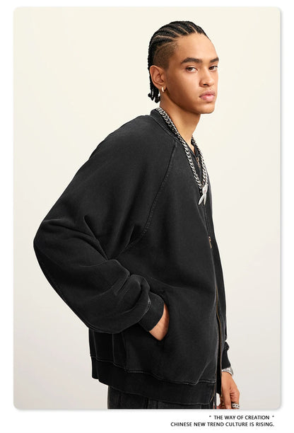 ZODF New Winter Washed Double Zipper Jackets For Men Unisex Loose Heavy Weight 450gsm Raglan Sleeve Cotton Coats HY0654