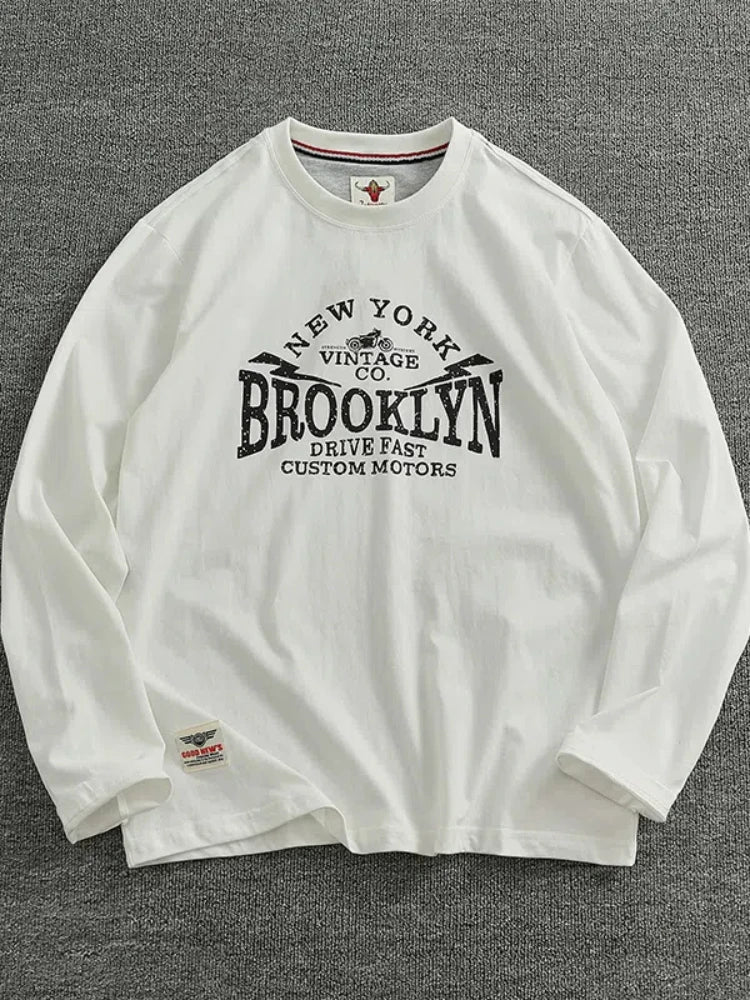 Autumn New American Retro Long-sleeved O-neck Letter Printed T-shirt Men's Fashion Simple 100% Cotton Washed Casual Sport Tops