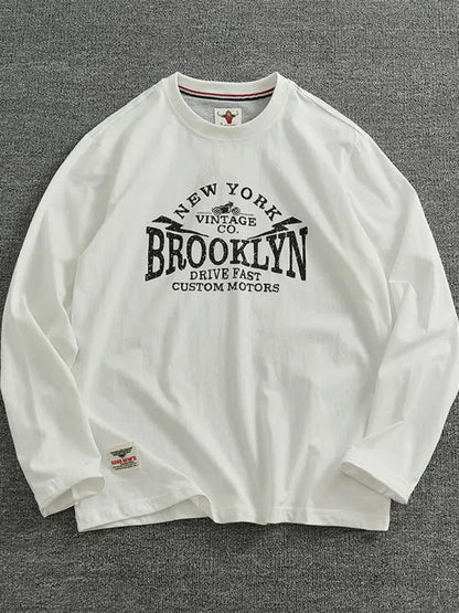 Autumn New American Retro Long-sleeved O-neck Letter Printed T-shirt Men's Fashion Simple 100% Cotton Washed Casual Sport Tops