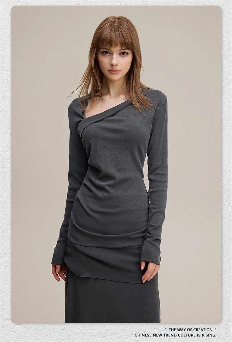 ZODF Retro Sexy Women Autumn Washed 275gsm T Shirt Ladies Girls Distressed Side Pleated Full Sleeve T-Shirts Tees HY1107