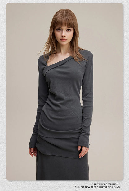 ZODF Retro Sexy Women Autumn Washed 275gsm T Shirt Ladies Girls Distressed Side Pleated Full Sleeve T-Shirts Tees HY1107