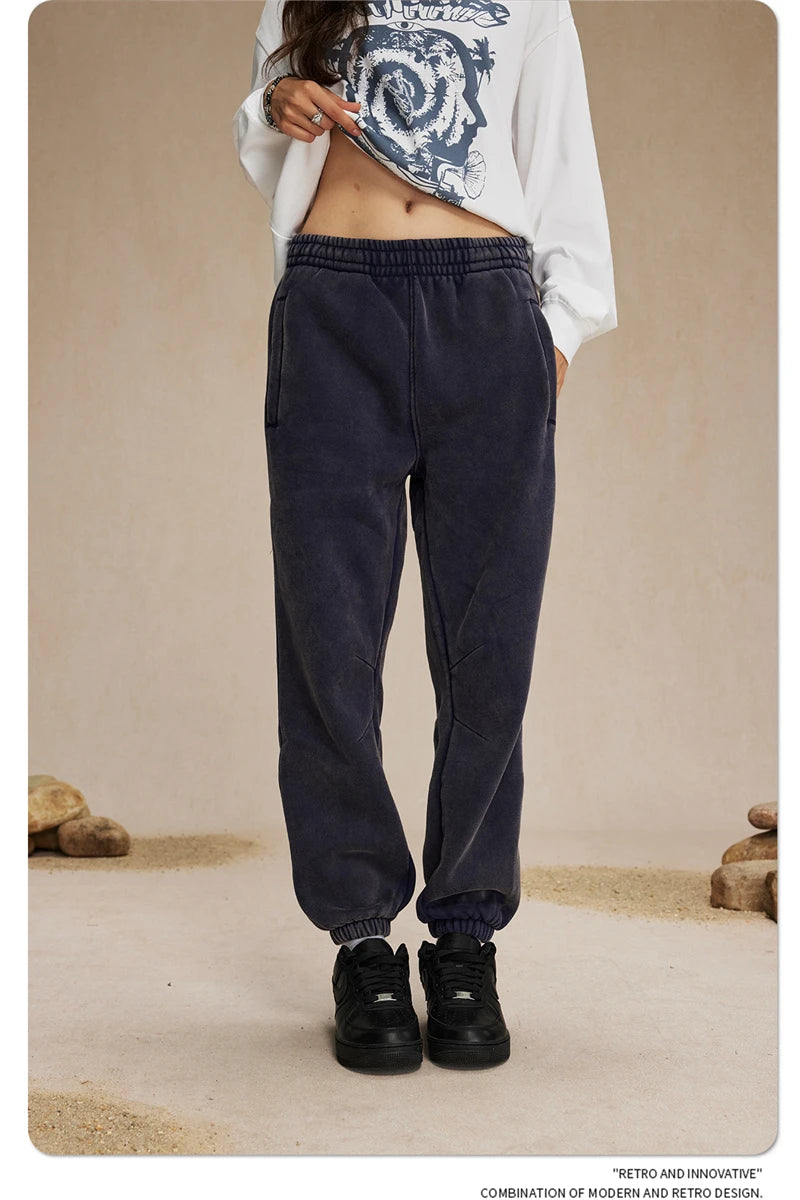 ZODF Retro Winter 360gsm Batik Washed Fleece Sweatpants Unisex Loose Drawstring Warm Joggers HY0714