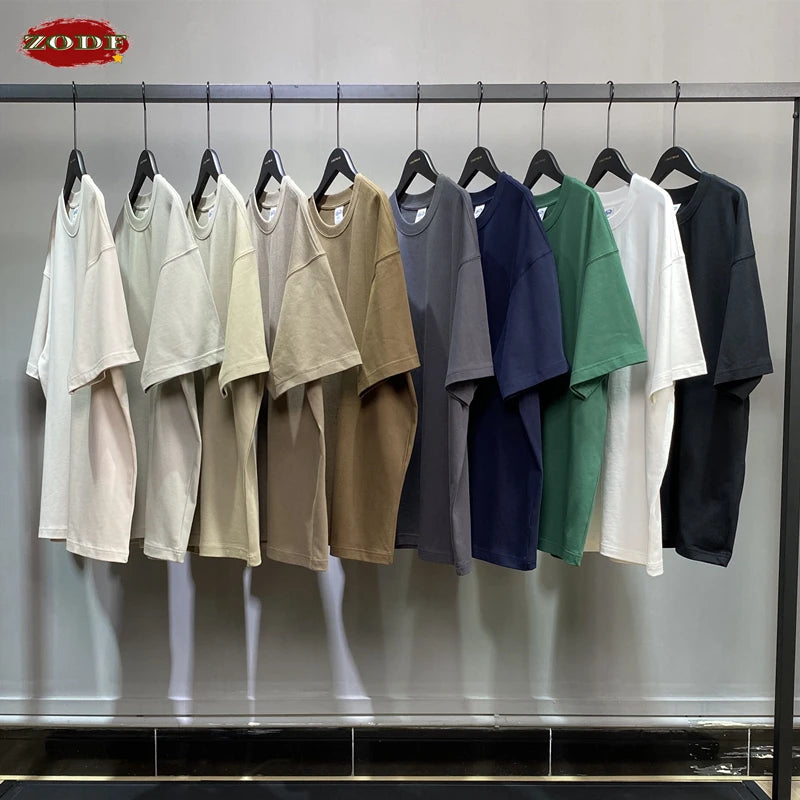 ZODF New Summer Men 275gsm Cotton T Shirts Unisex Women High Street Oversized FG Noshrink Solid T-Shirt Streetwears HY0152