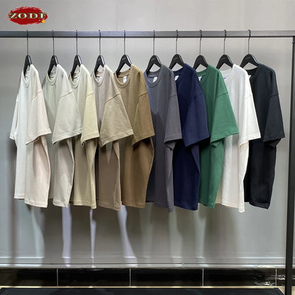 ZODF New Summer Men 275gsm Cotton T Shirts Unisex Women High Street Oversized FG Noshrink Solid T-Shirt Streetwears HY0152