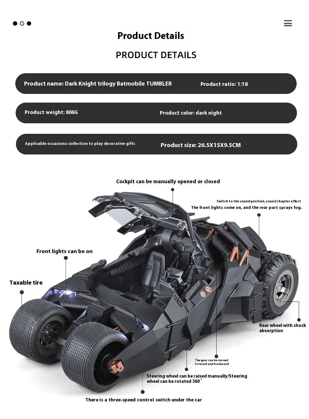 1:18 Batmobile Tumbler Alloy Metal Car Diecast Toy Vehicle Car Model Sound & Light Slide Spray Truck Toys For Kids  Gift Birthda