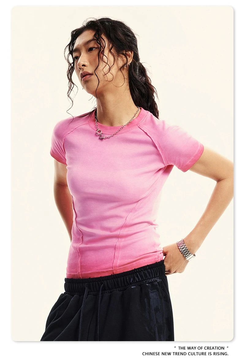 ZODF 2024 Summer Hotweet Washed T Shirt For Women Girls Gradient Raglan Sleeve Comfortable Short Tees Brand Tees HY0826