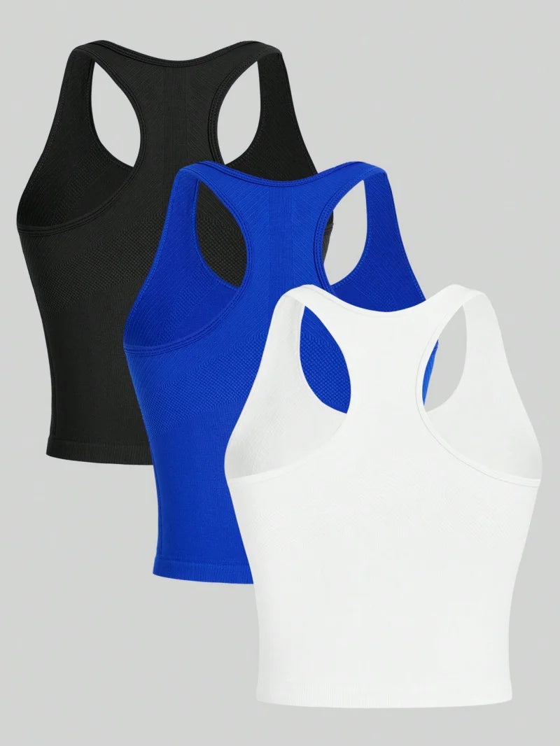 3 Piece Women’s Yoga Vest Set Seamless Racerback Crop Tops Rib Knit Breathable Workout Tank Top - Image color3 / S