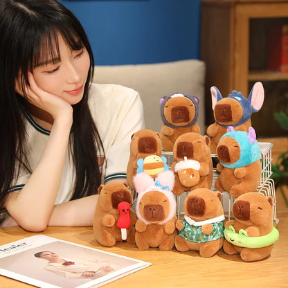 Capybara Soft Doll Cute Stuffed Capibara Anime With Pikachu Stitch Kuromi Hat Toy Kawaii Plushie Xmas Gift for Girl Friend