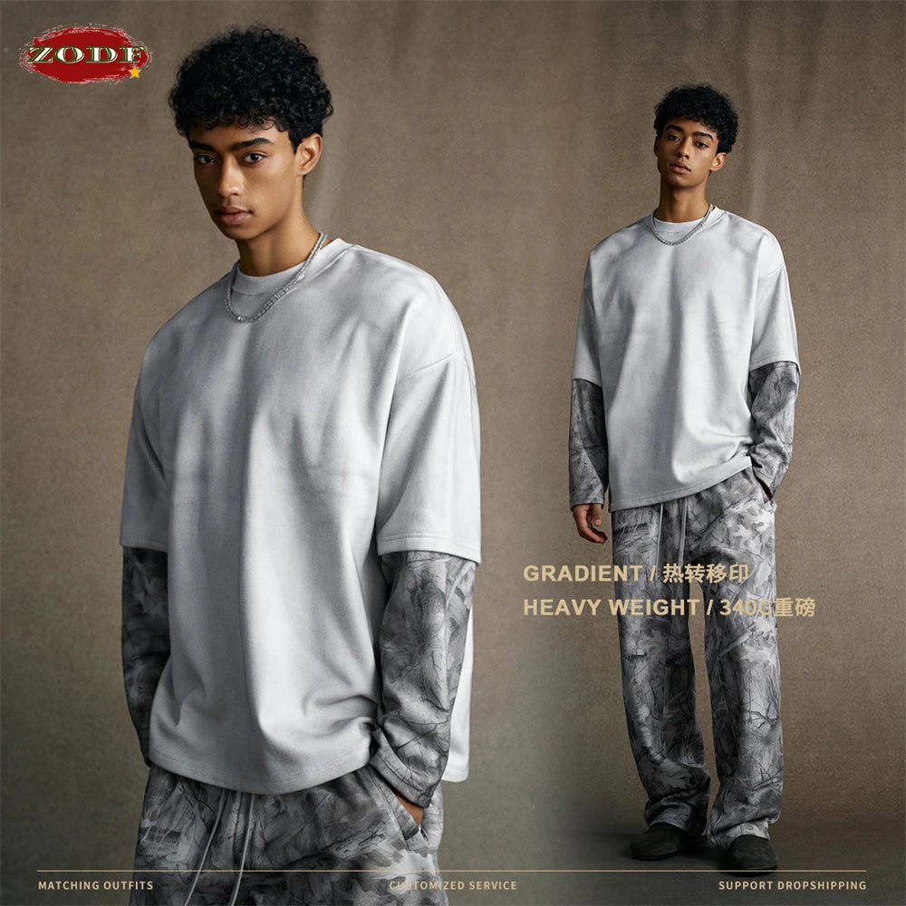 ZODF 2025 Autumn 340gsm Fake 2-Piece T-Shirt For Man Unisex Oversized Heat Transfer Printing Long Sleeve T Shirts Tee HY1151