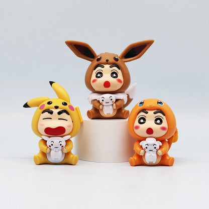 6Pcs/Set Q Version Crayon Shin-chan Anime Figure Shin-chan COS Pokémon Pikachu Action Figure Room Decorations PVC Collection Toy