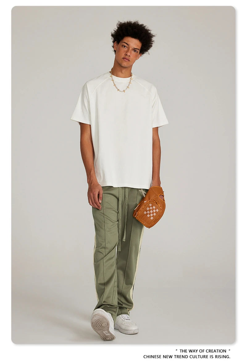 ZODF Spring Summer 275GSM Basic Side Webbing Trousers For Men Unisex American Retro Casual Sports Straight Pants HY0540