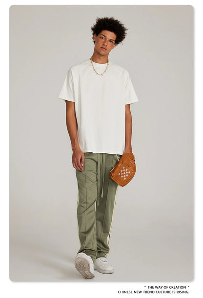 ZODF Spring Summer 275GSM Basic Side Webbing Trousers For Men Unisex American Retro Casual Sports Straight Pants HY0540