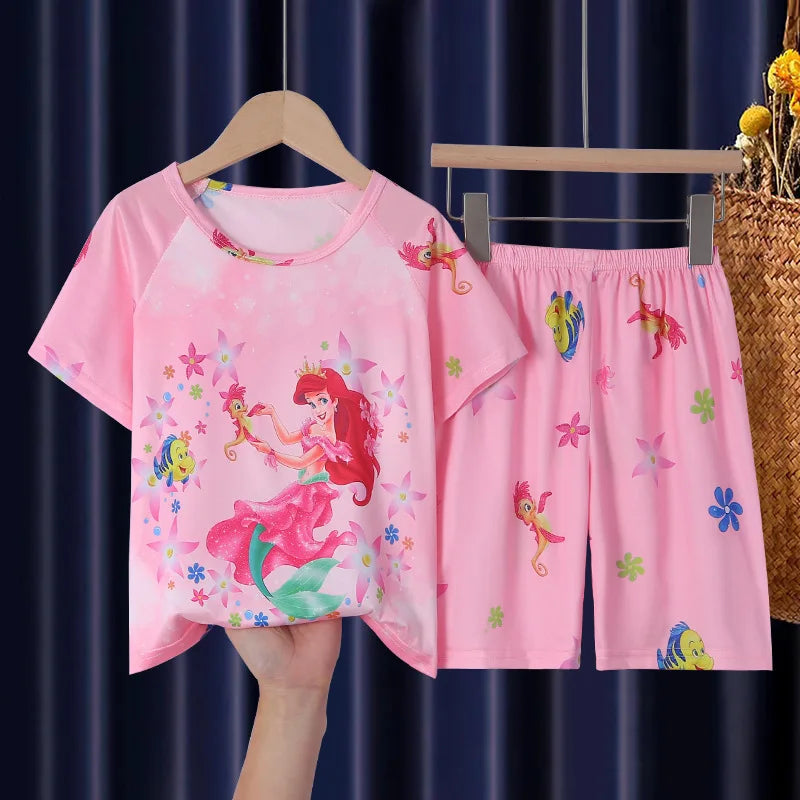 Girls Pajamas Sets Cute Cartoon Short Sleeve Kids Pyjama Snow White Princess Elsa Mickey Mouse Print Summer Pijama