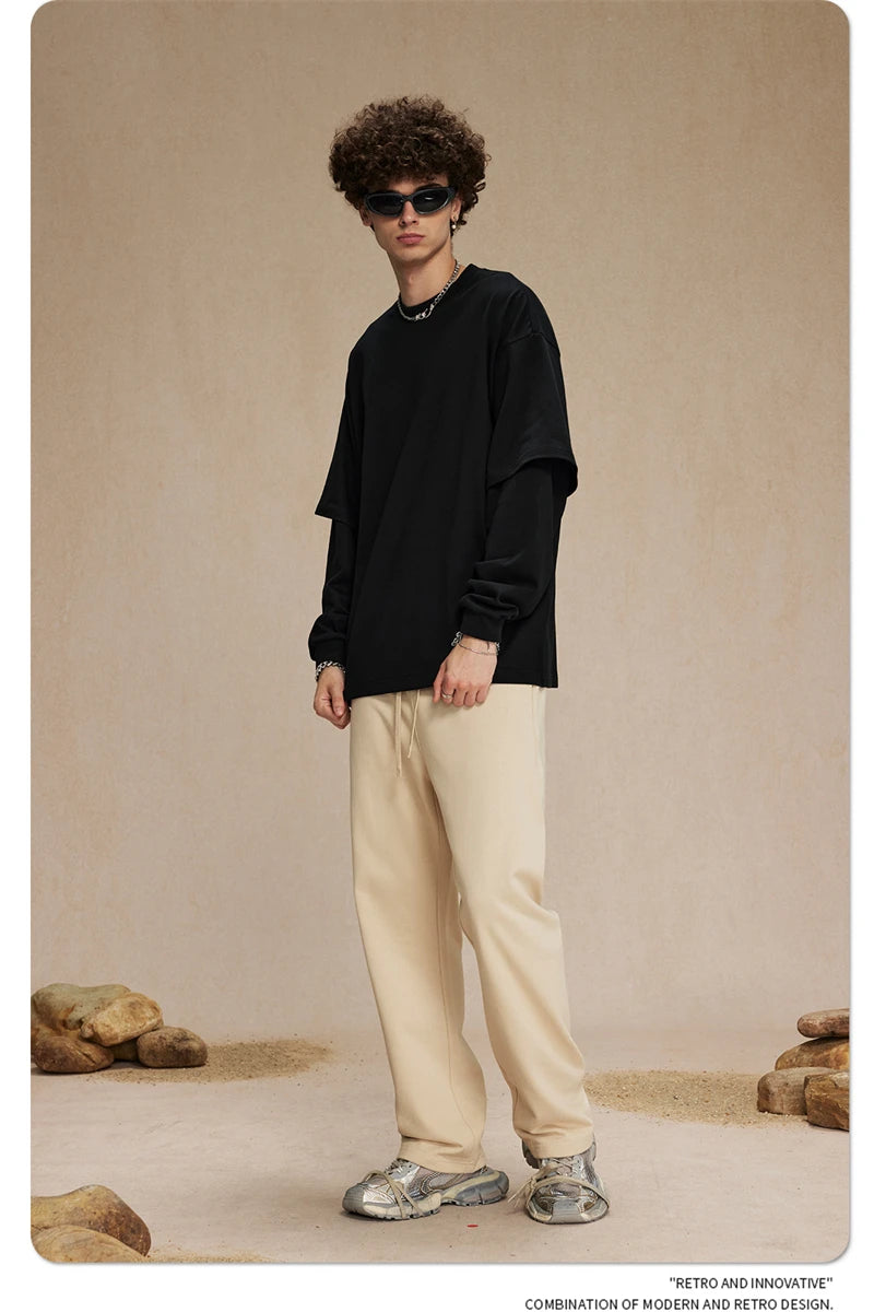 ZODF Fashion Spring Autumn Men 100% Cotton T-Shirt Unisex Fake 2-Piece 305gsm Solid Full Sleeve O Neck T Shirt Brand Tees HY0925