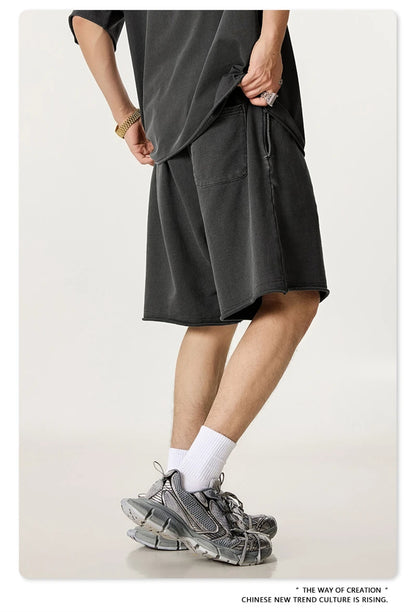 ZODF Retro Summer Washed 370gsm Cotton Shorts For Men Unisex High Street Loose Edge Distressed Solid Shorts Brand Clothes HY1023