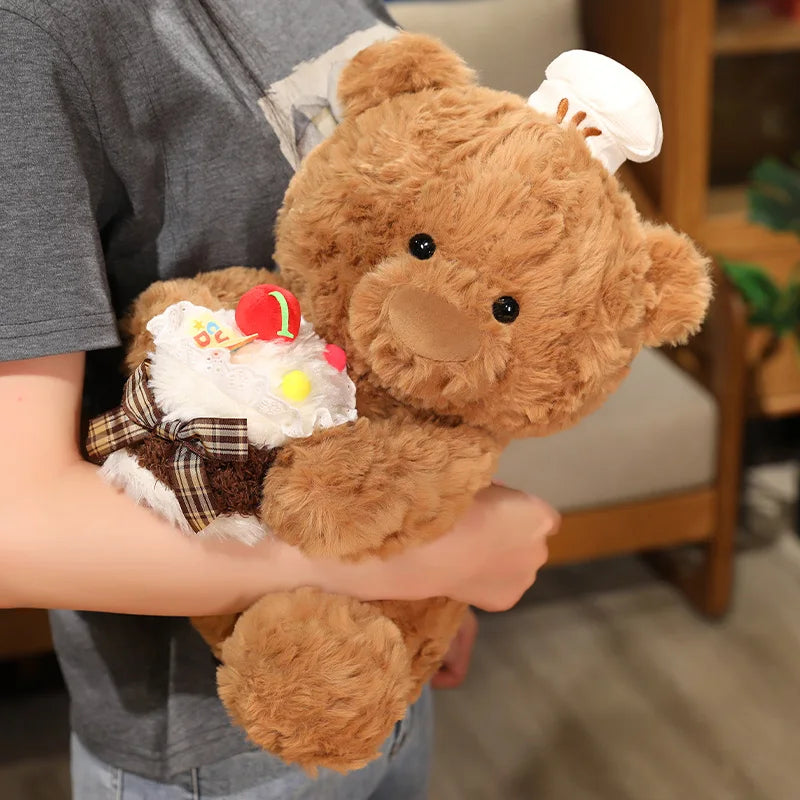 Chef Bear Plush Toy Cute Birthday Cake Bear Soft Stuffed Baby Doll Kids Sleep Pillow Sofa Adorable Cushion Birthday Xmas Gift