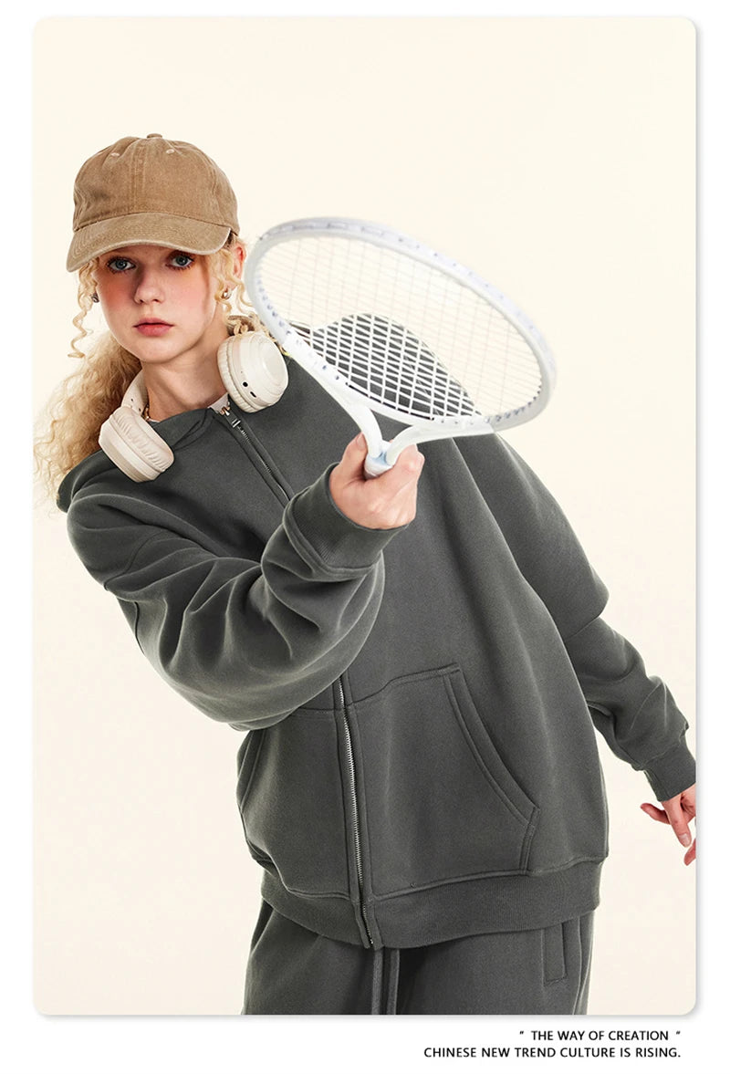 ZODF Fashion Winter Men Warm Zipper Fleece Hoodies Unisex Loose Basic 345gsm Knitted Hooded Hoodie Coats HY0904