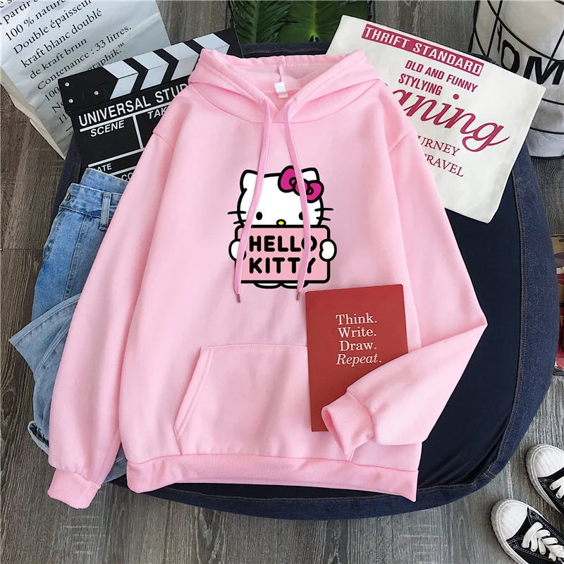 2025 New Casual Women's Sweatshirts Sanrio Hello Kitty Kawaii Tops for Women Cute Hoodies Fashion Harajuku Long Sleeves Plus Siz