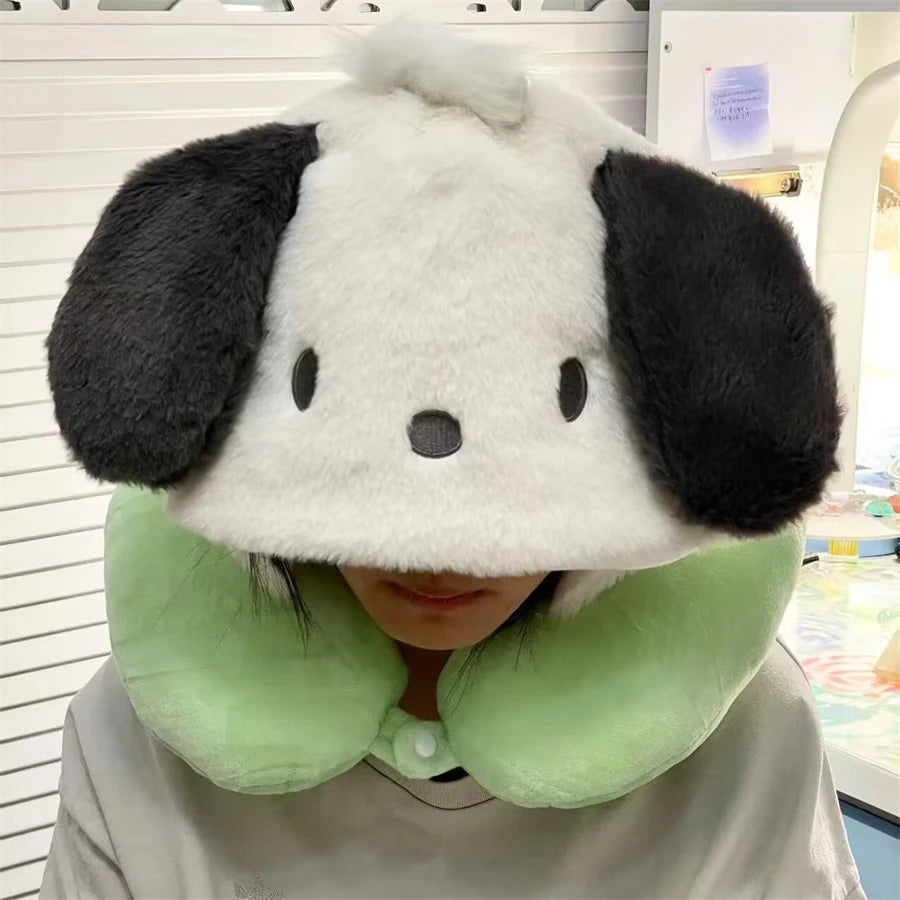 Sanrio Lovely U-shaped Hooded Neck Pillow Pochacco Kuromi My Melody Cinnamoroll Travel Blackout Pillow With Hat Portable Girl