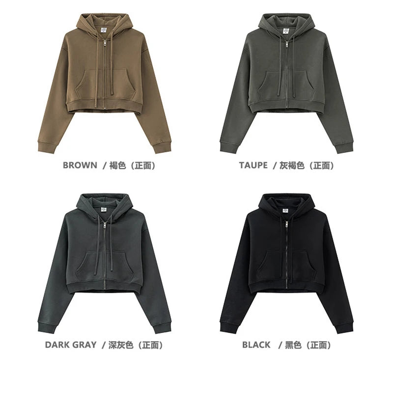 ZODF 2024 Winter Women Zipper Crop Hoodies Female Girls Solid 345gsm Warm Fleece Short Hooded Zip-Up Coat HY0911