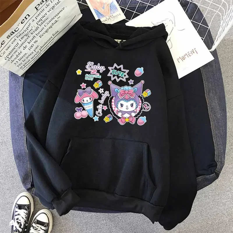 Long Sleeve Y2k Women'S Sweatshirt Luxury Brand Sanrio Kuromi Pattern Print Hoodie Girly Aesthetic Discount Youth Student Tops