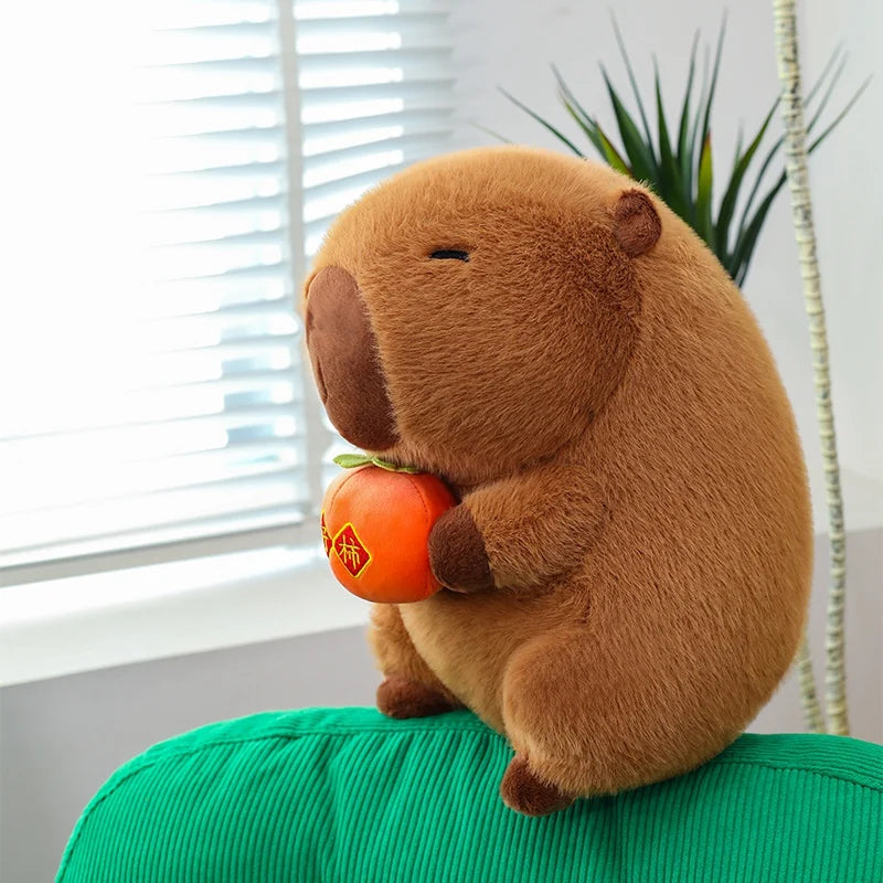 Cute Stuffed Capybara Plush Toy Holding Boba Tea – Kawaii Plushies Cosplay Gift for Girls - 28cm Persimmon / 28-30cm