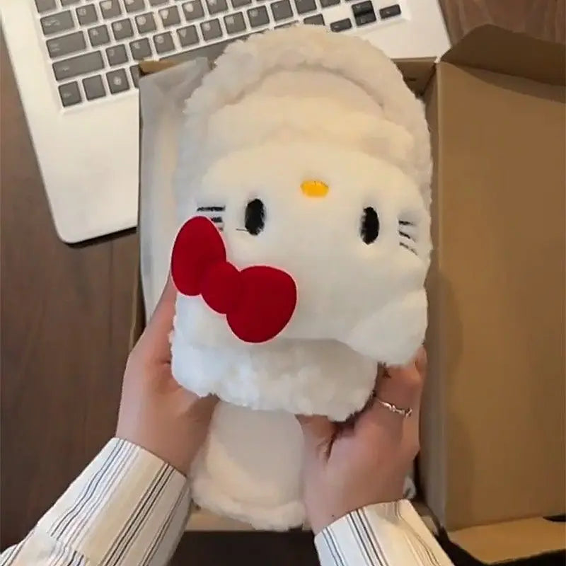New Sanrio Sweet Hello Kitty Warm Cotton Slippers For Student Dormitory Comfortable One Word Hairy Adult Cotton Slippers