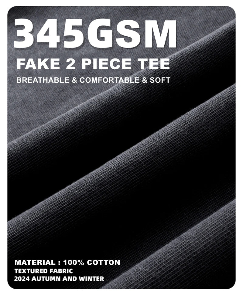 ZODF Retro Autumn Men Washed Cotton T-Shirts Unisex Loose Edge Fake 2-Piece 345gsm Full Sleeve O Neck T Shirt Brand Tops HY0928
