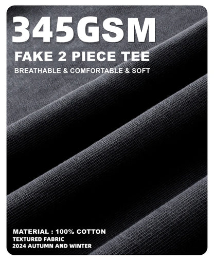 ZODF Retro Autumn Men Washed Cotton T-Shirts Unisex Loose Edge Fake 2-Piece 345gsm Full Sleeve O Neck T Shirt Brand Tops HY0928