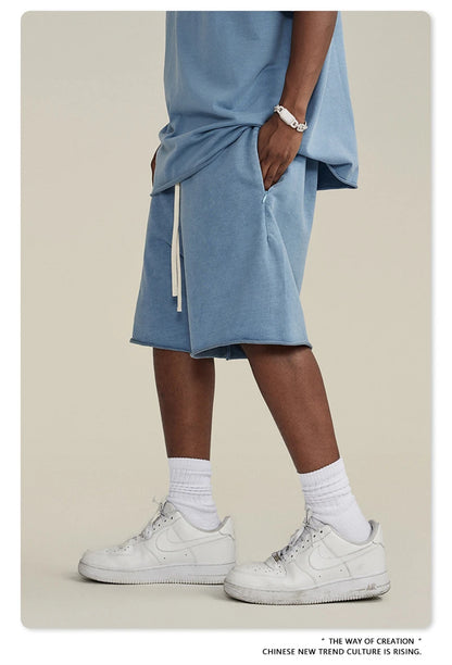 ZODF New Summer Men Retro Washed Shorts Unisex Drawstring Loose Edge 420gsm Solid Knee Length Cotton Pants Streetwears HY0589