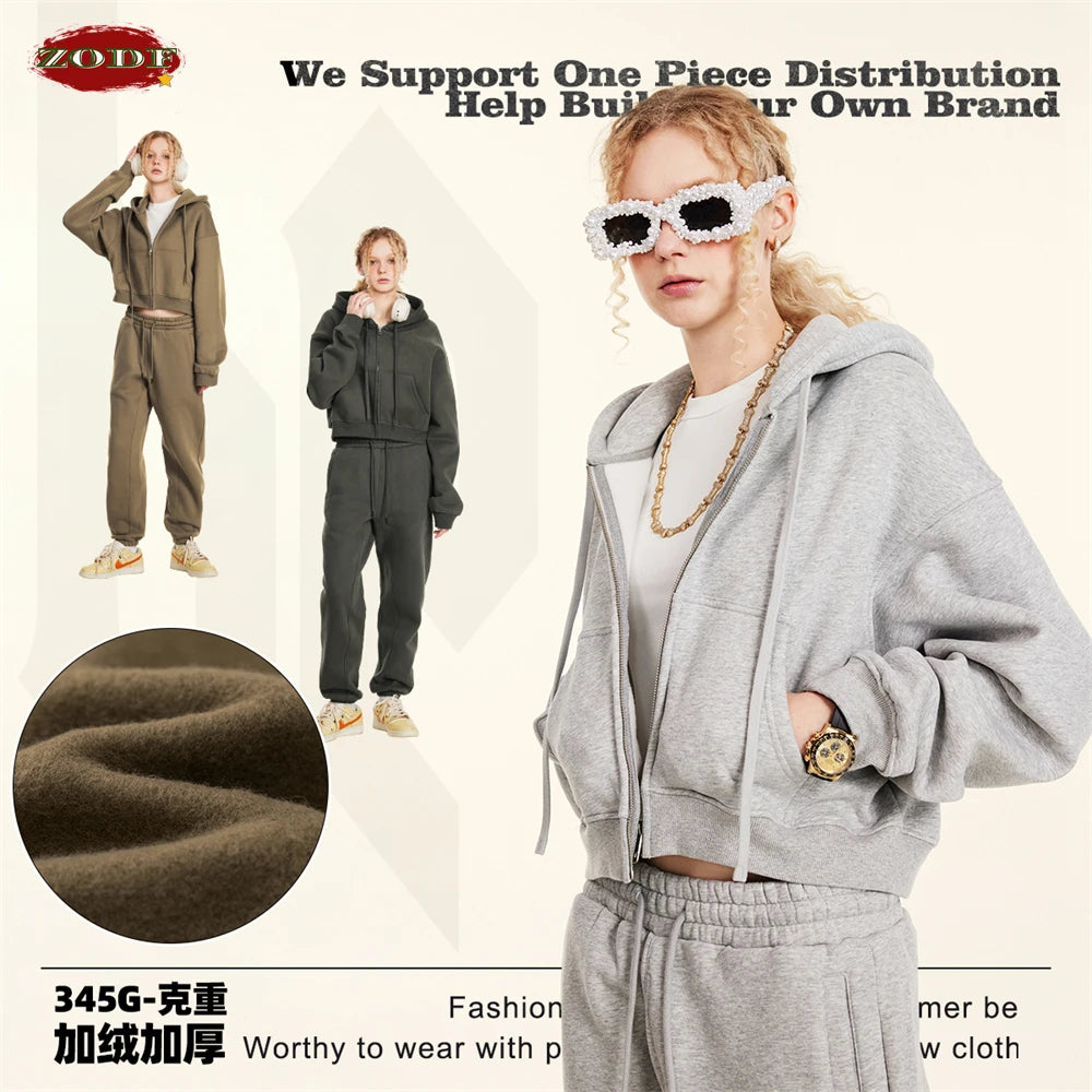 ZODF 2024 Winter Women Zipper Crop Hoodies Female Girls Solid 345gsm Warm Fleece Short Hooded Zip-Up Coat HY0911