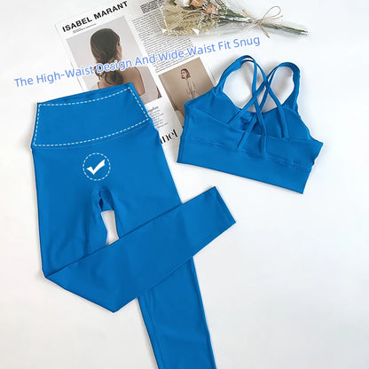 2 Pieces Yoga Set Women Gym Set Workout Clothes Sports Suits High Waist Leggings Cross Straps Fitness Bra Top Running Tracksuit