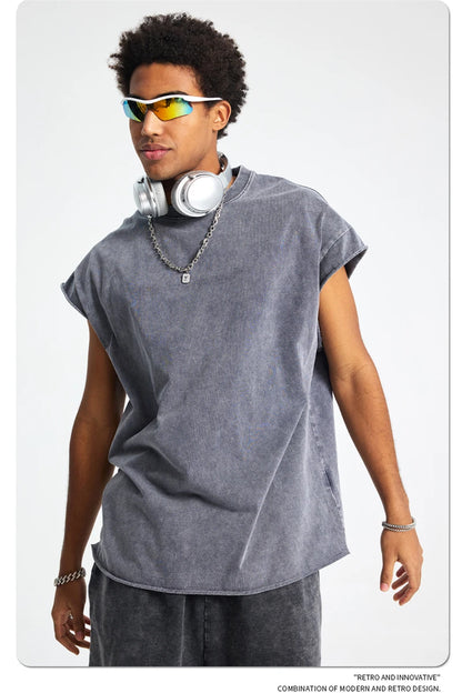 ZODF Trendy Summer Men Batik Washed 275gsm Cotton Tank Tops Unisex Oversized Loose Edge Sleeveless Vests Brand Tees HY1036