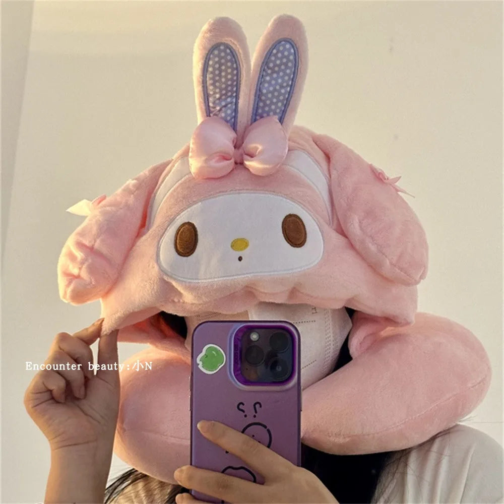 Lovely My Melody U-shaped Hooded Pillow Kawaii Japanese Style Blackout Travel Pillow Office Cartoon Nap Pillow Pink Girl