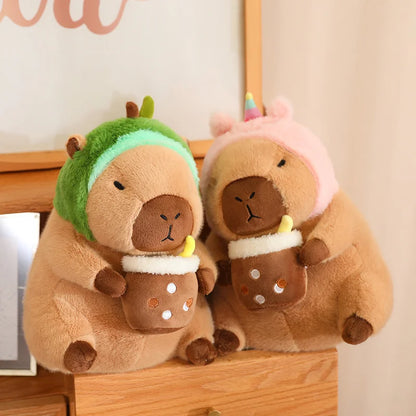 Cute Stuffed Capybara Plush Toy Holding Boba Tea Flower Capybara Plushies Cosplay Bread Dino Avocado Lovely Teddy Girl Gift