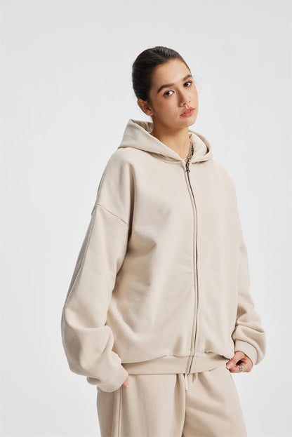 ZODF Trendy Winter Man Warm 430gsm Fleece Zipper Hoodies Unisex Solid Loose Zip-Up Hooded Coats Brand Outfit HY1130