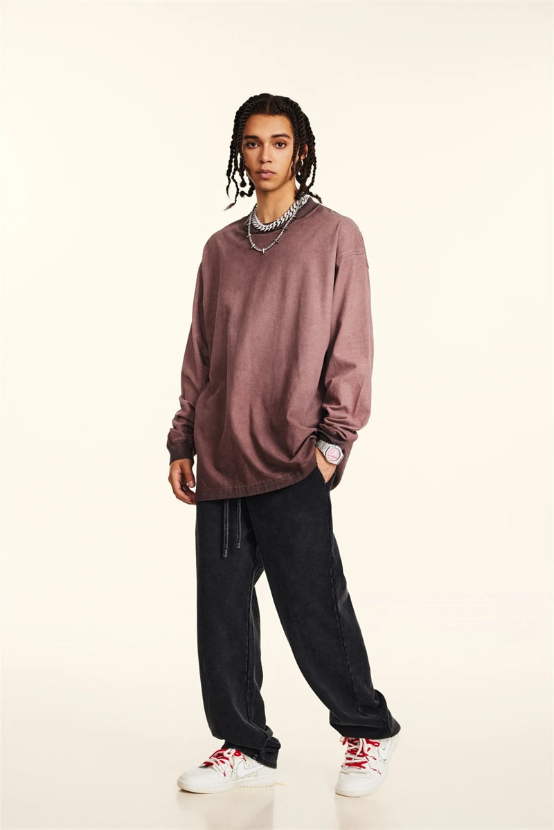 ZODF 2024 Autumn Men's Washed Cotton T-Shirt Unisex Oversized Distressed 250gsm Long Sleeve O Neck T Shirts Tees HY0921