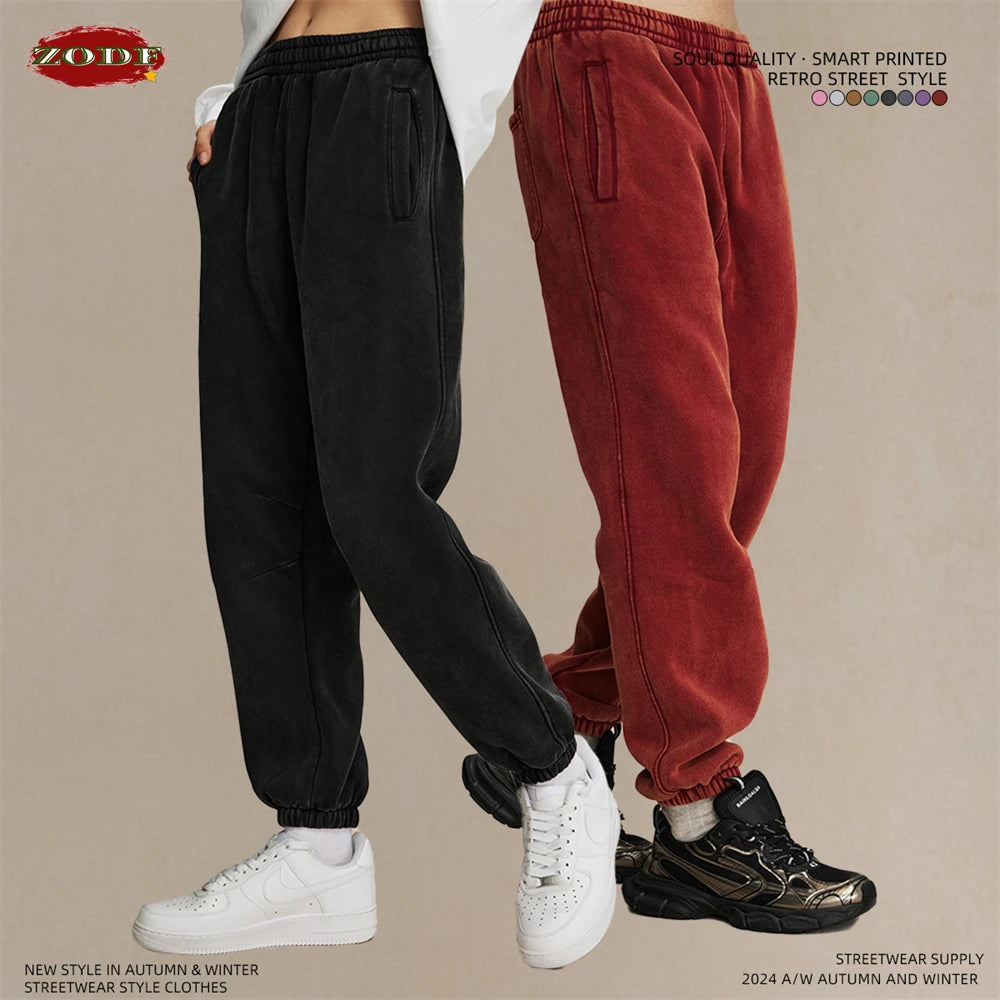 ZODF Retro Winter 360gsm Batik Washed Fleece Sweatpants Unisex Loose Drawstring Warm Joggers HY0714
