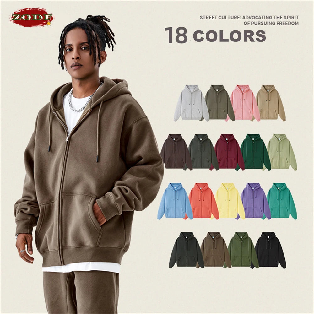 ZODF Basic Winter Men Fleece Zipper Hoodies Unisex Casual Loose 350gsm Warm Solid Hooded Sweatshirts Coats 18 Colors HY0726