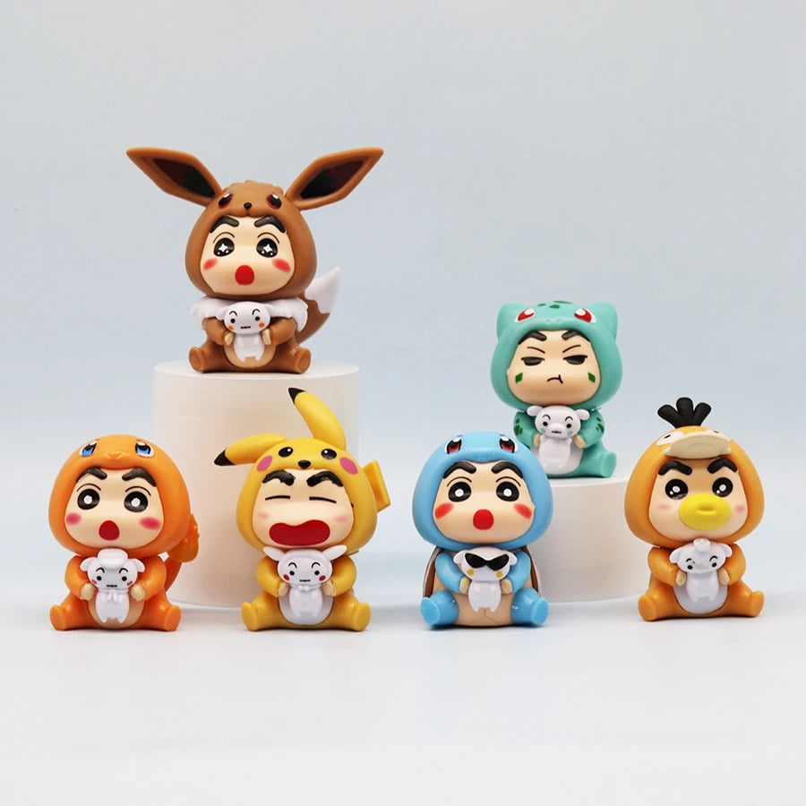 6Pcs/Set Q Version Crayon Shin-chan Anime Figure Shin-chan COS Pokémon Pikachu Action Figure Room Decorations PVC Collection Toy