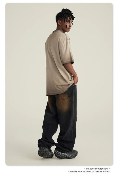 ZODF 2023 Men's Summer 255G Wash Gradient Fried Cotton T Shirt Round Neck Short Sleeve American Retro Loose T-Shirt HY0547