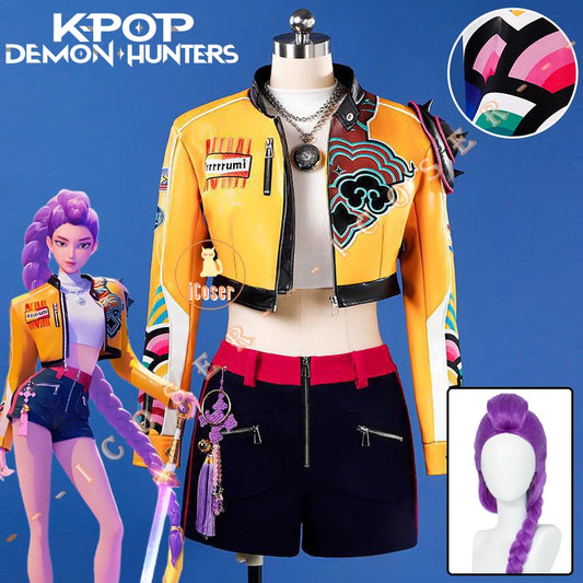 Anime KPop Demon Hunters Rumi Cosplay Costume Wig Yellow Leather Jacket Huntrix Uniform Halloween Party Women Girls Props iCoser