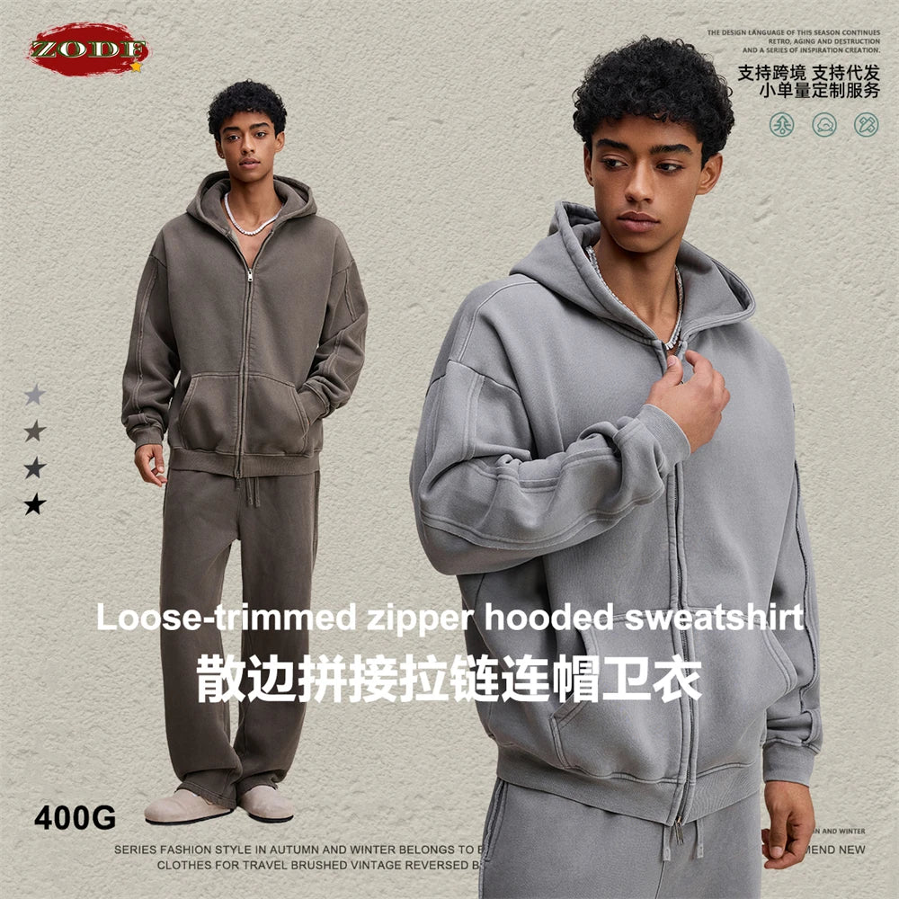 ZODF Retro 2025 Autumn Winter Unisex Zipper Fleece Hoodie 400gsm Washed Batik Warm Hooded Coat HY1084