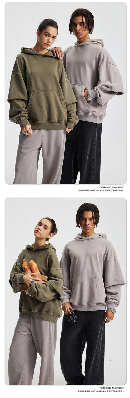 ZODF New Autumn Men's Washed Heavy Weight Cotton Hoodies Unisex Retro Fake 2 Peice 430gsm Loose Edge Hooded Pullovers HY1082