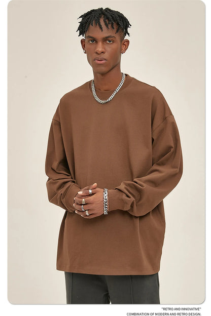 ZODF New 2025 Autumn Men 305gsm 100% Cotton T Shirt Unisex Loose Heavy Weight Basic Long Sleeve Solid T-Shirts Tops HY0634