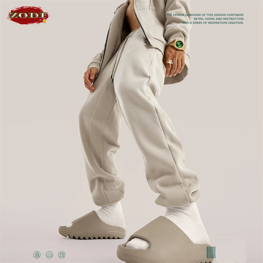 ZODF Trendy Men 345gsm Fleece Sweatpant Unisex Solid Color Loose Retro Hip Hop Winter Joggers Pants Brand Clothes HY0005