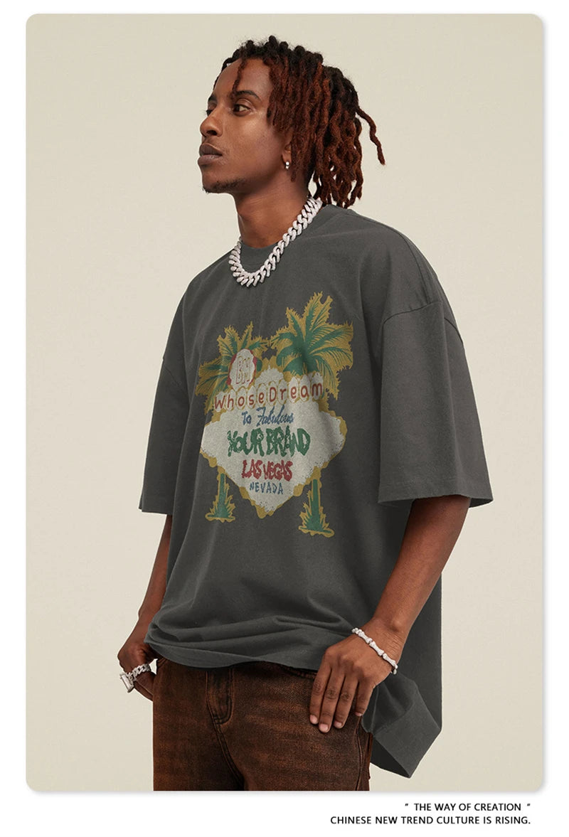 ZODF New Men High Street Washed T-Shirts Unisex Loose Tree Printing 285gsm Cotton O Neck T Shirt For Summer HY0512