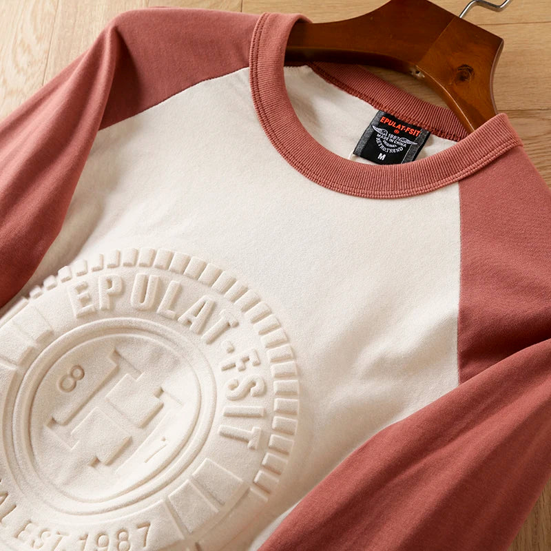 Summer New American Retro Long-sleeved O-neck 3D Letter Printed T-shirt Men's Fashion Simple 100%Cotton Washed Casual Sport Tops