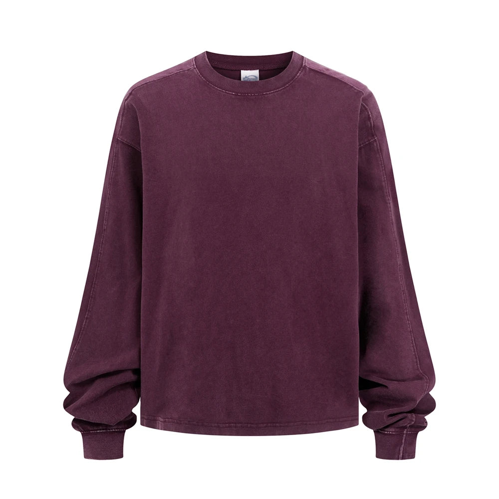 ZODF Retro 285gsm Batik Washed Cotton Man's T-Shirts Unisex Solid Loose Distressed Patchwork Full Sleeve Tee Shirt Tops HY1161